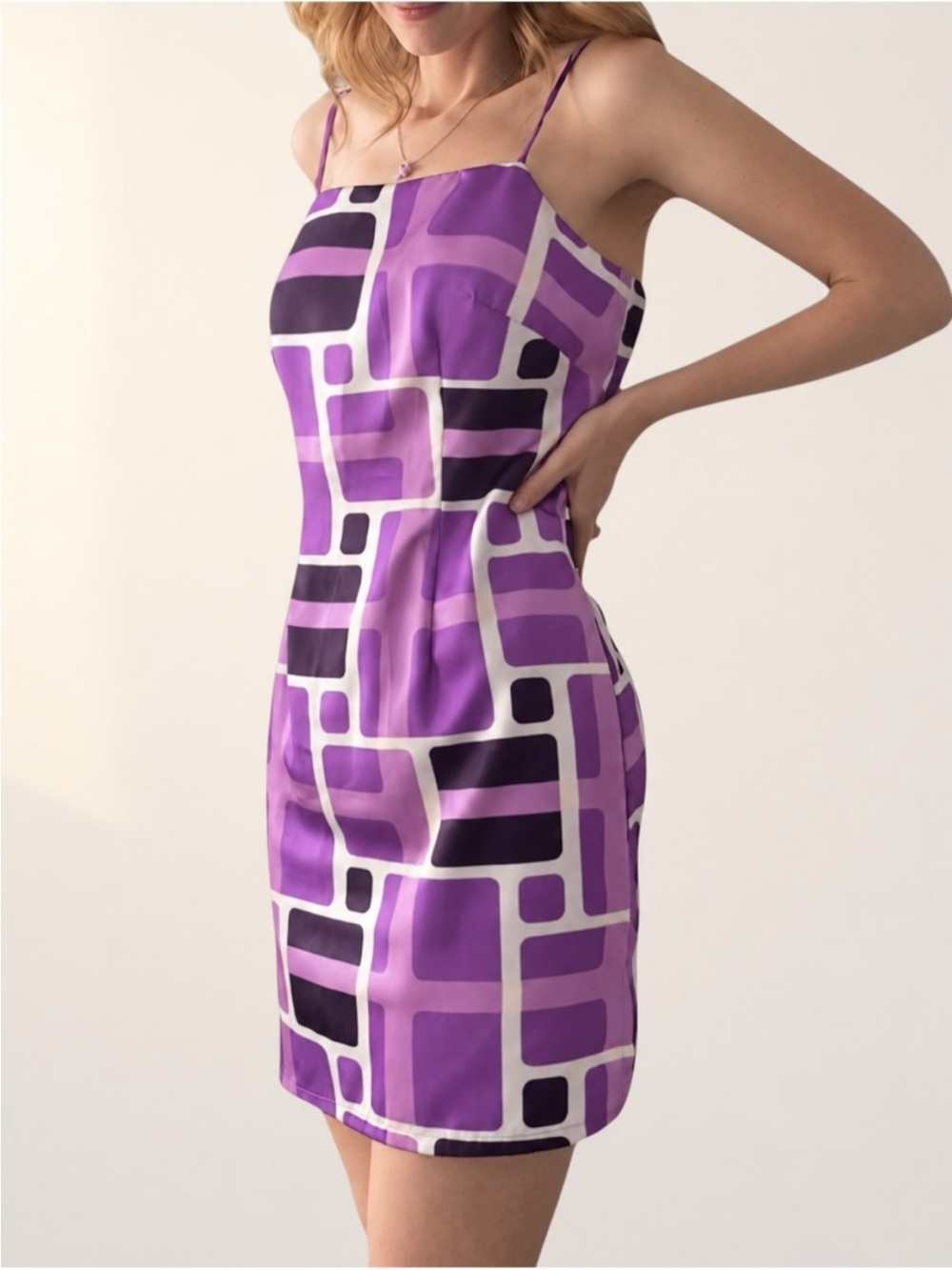 Vintage Frederick's of Hollywood Purple Geometric 60’s Style Slip Dress